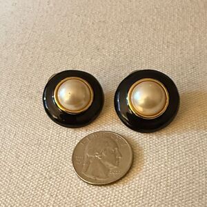 Marvella Signed Mid Century Faux Pearl & Black Enamel Post Button Earrings.